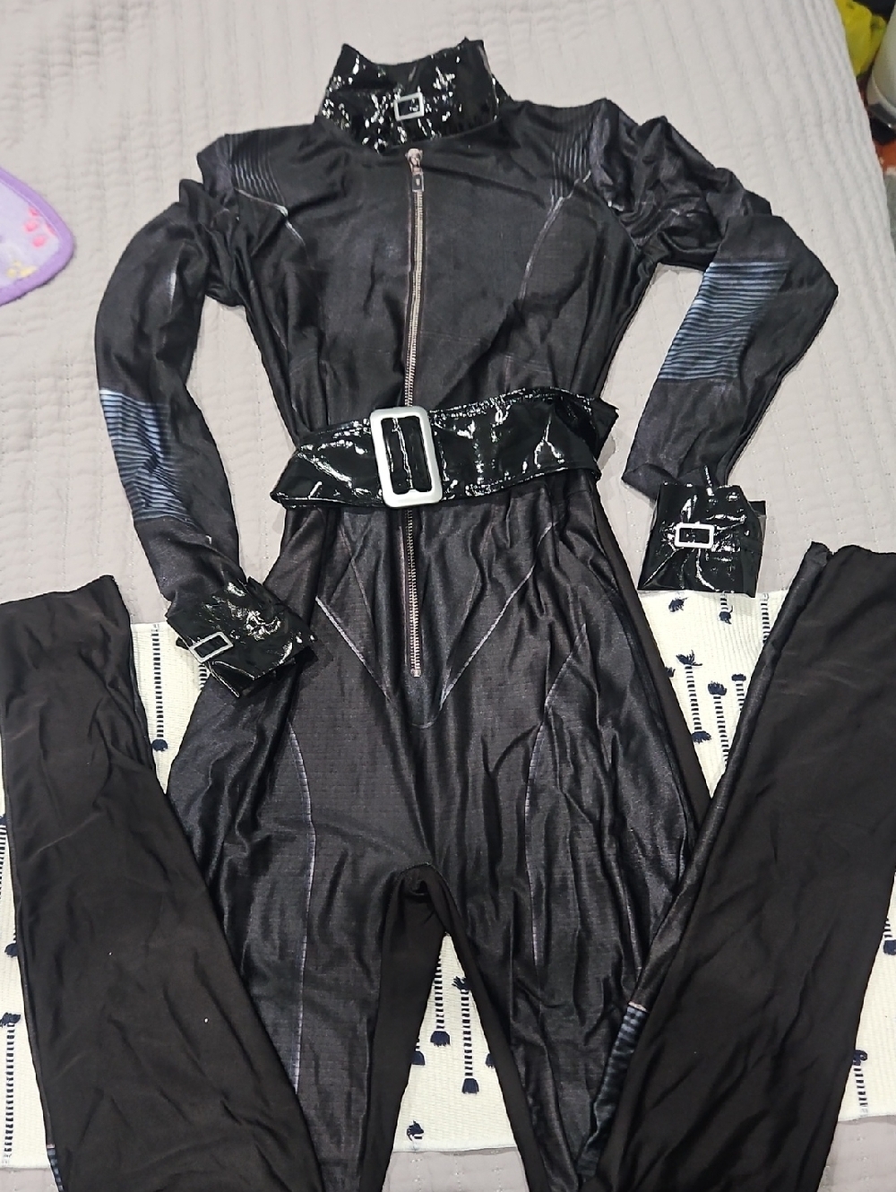 Black Faux-Leather Trim Women's Jumpsuit with Belt